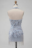 Dusty Blue Sparkly Sequins Floral Beaded Bodycon Short Cocktail Dress