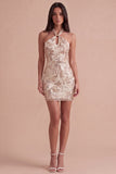 Champagne Sparkly Sequins Floral Bodycon Halter Short Cocktail Dress