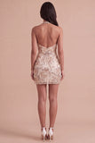 Champagne Sparkly Sequins Floral Bodycon Halter Short Cocktail Dress