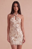 Champagne Sparkly Sequins Floral Bodycon Halter Short Cocktail Dress