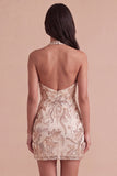 Champagne Sparkly Sequins Floral Bodycon Halter Short Cocktail Dress