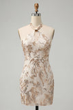 Champagne Sparkly Sequins Floral Bodycon Halter Short Cocktail Dress