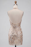 Champagne Sparkly Sequins Floral Bodycon Halter Short Cocktail Dress