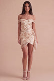 Sparkly Sequins Floral Champagne Bodycon Short Cocktail Dress with Sash