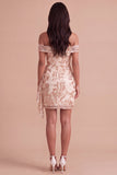 Sparkly Sequins Floral Champagne Bodycon Short Cocktail Dress with Sash