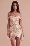 Sparkly Sequins Floral Champagne Bodycon Short Cocktail Dress with Sash