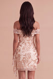 Sparkly Sequins Floral Champagne Bodycon Short Cocktail Dress with Sash