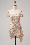 Sparkly Sequins Floral Champagne Bodycon Short Cocktail Dress with Sash