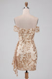 Sparkly Sequins Floral Champagne Bodycon Short Cocktail Dress with Sash