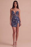 Navy Sparkly Sequins Floral Spaghetti Straps Short Cocktail Dress with Slit