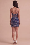 Navy Sparkly Sequins Floral Spaghetti Straps Short Cocktail Dress with Slit