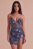Navy Sparkly Sequins Floral Spaghetti Straps Short Cocktail Dress with Slit