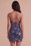 Navy Sparkly Sequins Floral Spaghetti Straps Short Cocktail Dress with Slit