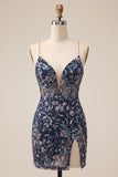 Navy Sparkly Sequins Floral Spaghetti Straps Short Cocktail Dress with Slit