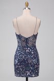 Navy Sparkly Sequins Floral Spaghetti Straps Short Cocktail Dress with Slit