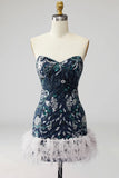Sparkly Sequins Floral Navy Strapless Short Cocktail Dress with Feathers