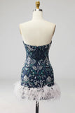 Sparkly Sequins Floral Navy Strapless Short Cocktail Dress with Feathers