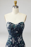 Sparkly Sequins Floral Navy Strapless Short Cocktail Dress with Feathers
