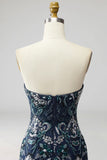 Sparkly Sequins Floral Navy Strapless Short Cocktail Dress with Feathers