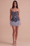 Sparkly Sequins Floral Navy Strapless Short Cocktail Dress with Feathers