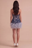 Sparkly Sequins Floral Navy Strapless Short Cocktail Dress with Feathers