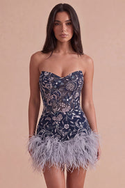 Sparkly Sequins Floral Navy Strapless Short Cocktail Dress with Feathers