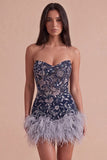 Sparkly Sequins Floral Navy Strapless Short Cocktail Dress with Feathers