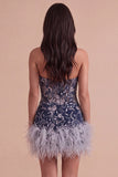 Sparkly Sequins Floral Navy Strapless Short Cocktail Dress with Feathers