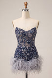 Sparkly Sequins Floral Navy Strapless Short Cocktail Dress with Feathers