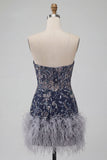 Sparkly Sequins Floral Navy Strapless Short Cocktail Dress with Feathers