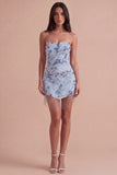 Sparkly Sequins Dusty Blue Floral Beaded Strapless Short Cocktail Dress