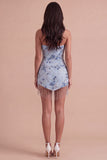 Sparkly Sequins Dusty Blue Floral Beaded Strapless Short Cocktail Dress