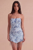 Sparkly Sequins Dusty Blue Floral Beaded Strapless Short Cocktail Dress