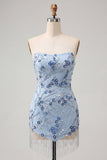 Sparkly Sequins Dusty Blue Floral Beaded Strapless Short Cocktail Dress