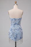 Sparkly Sequins Dusty Blue Floral Beaded Strapless Short Cocktail Dress