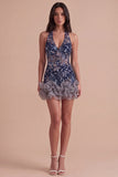 Sparkly Sequins Navy Floral Halter Short Cocktail Dress with Ruffles