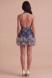 Sparkly Sequins Navy Floral Halter Short Cocktail Dress with Ruffles