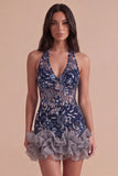 Sparkly Sequins Navy Floral Halter Short Cocktail Dress with Ruffles