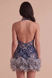 Sparkly Sequins Navy Floral Halter Short Cocktail Dress with Ruffles