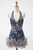Sparkly Sequins Navy Floral Halter Short Cocktail Dress with Ruffles