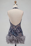 Sparkly Sequins Navy Floral Halter Short Cocktail Dress with Ruffles