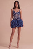 Navy Sparkly Sequins Floral Thick Straps Short Bubble Cocktail Dress