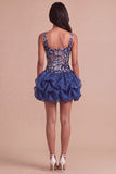 Navy Sparkly Sequins Floral Thick Straps Short Bubble Cocktail Dress