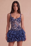 Navy Sparkly Sequins Floral Thick Straps Short Bubble Cocktail Dress