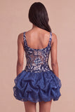 Navy Sparkly Sequins Floral Thick Straps Short Bubble Cocktail Dress