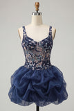 Navy Sparkly Sequins Floral Thick Straps Short Bubble Cocktail Dress