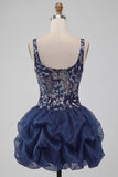 Navy Sparkly Sequins Floral Thick Straps Short Bubble Cocktail Dress