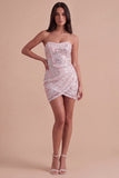 Blush Floral Sparkly Sequins Corset Ruched Strapless Short Cocktail Dress