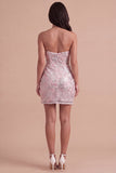 Blush Floral Sparkly Sequins Corset Ruched Strapless Short Cocktail Dress