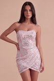 Blush Floral Sparkly Sequins Corset Ruched Strapless Short Cocktail Dress